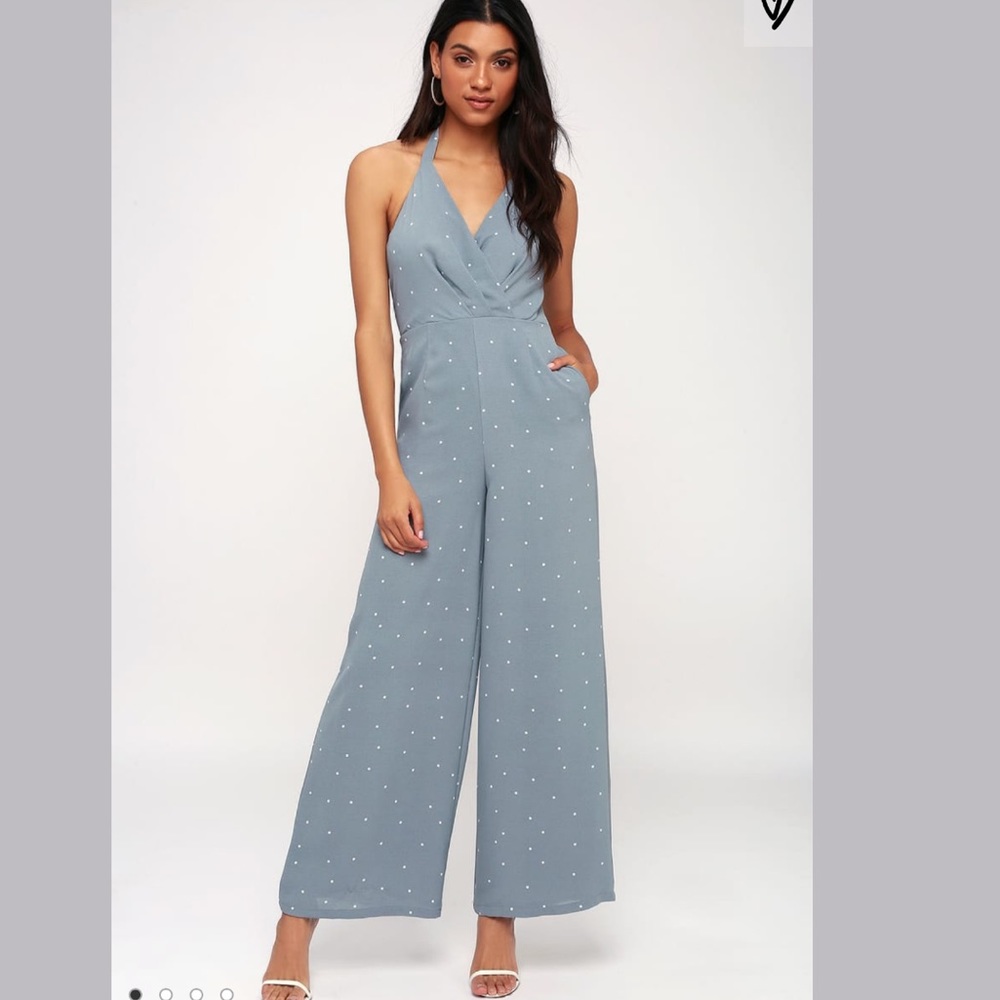 Blue Polka Dot Halter Wide-Leg Jumpsuit